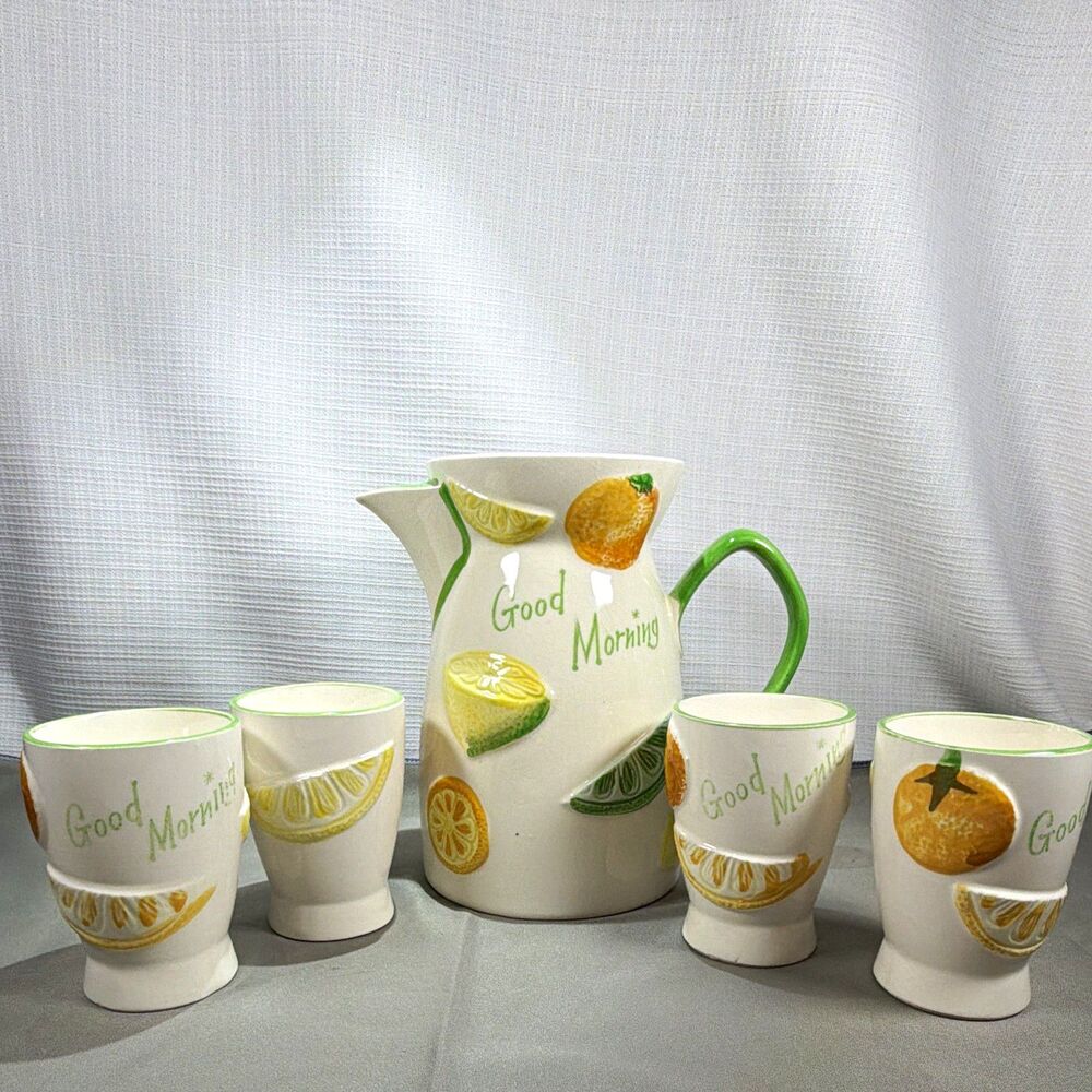 Vintage Napco 1961 Good Morning Citrus Juice Pitcher & 4 Cups Set C-5352 MCM